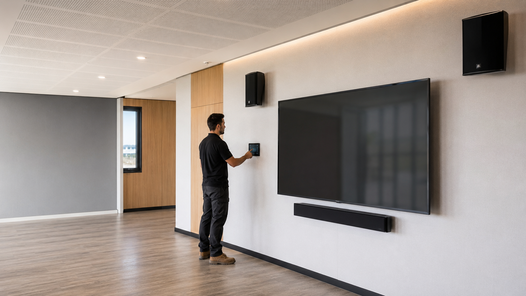 AV installer commissioning a wall-mounted display system