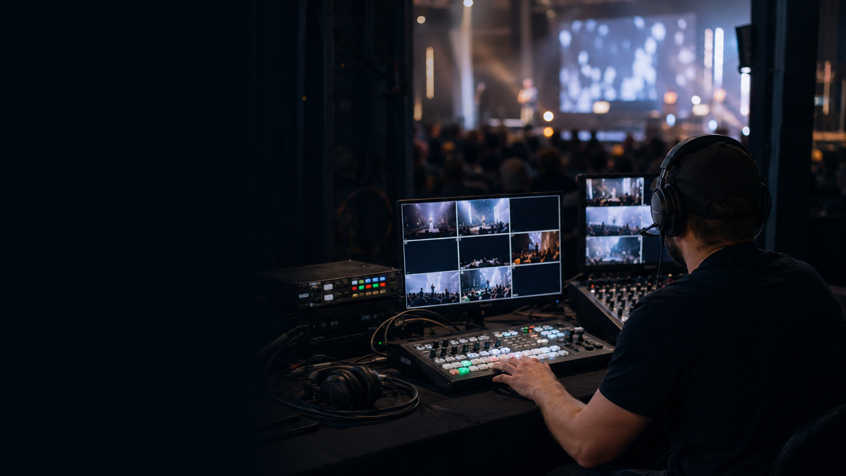 Live stream production desk with multi-camera monitors