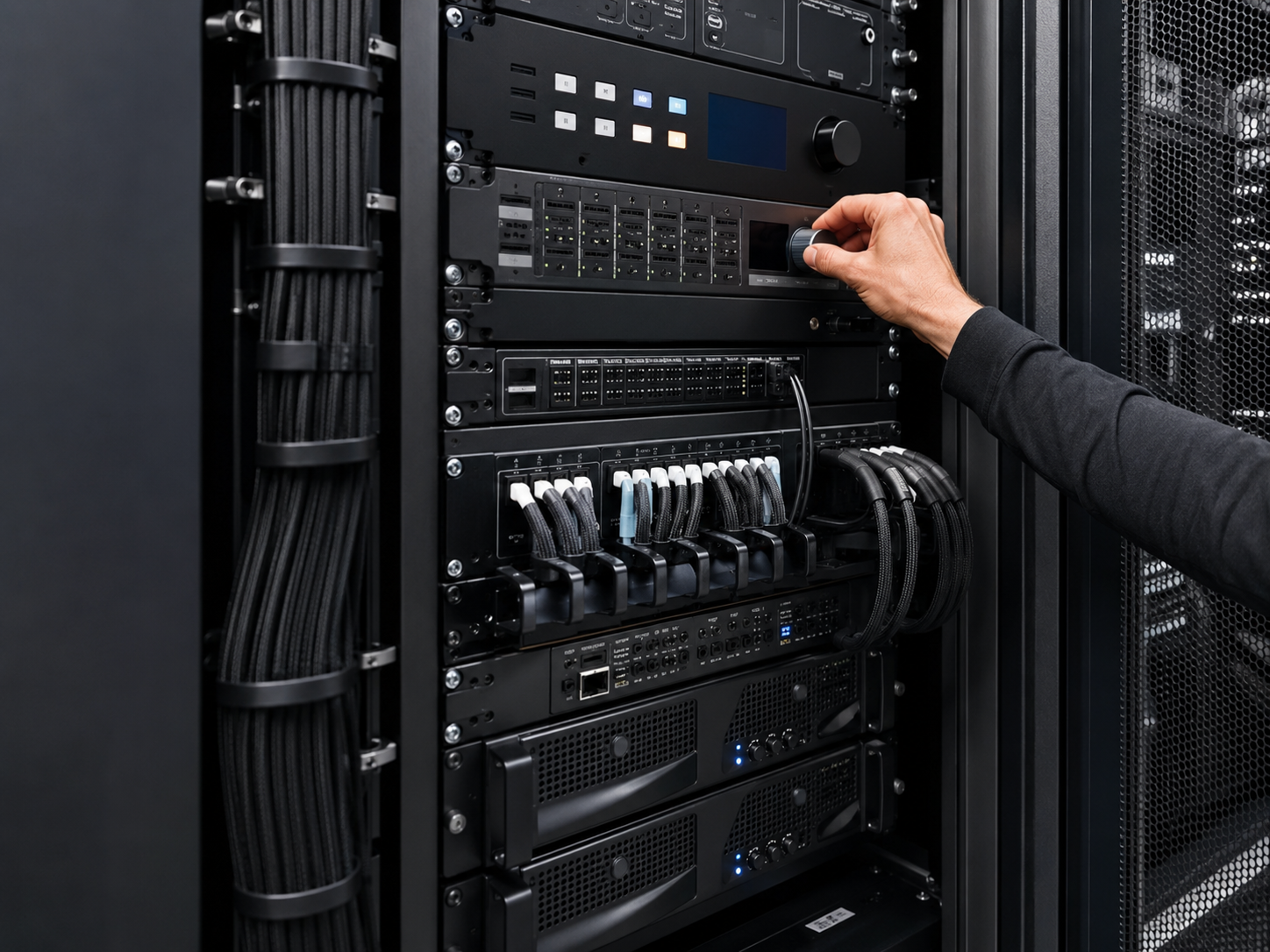 Technician servicing a rack-mounted AV system